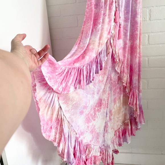 Anthropologie x Tiare Hawaii High low maxi dress Tie dye Ruffled Beachy Pink OS - Picture 8 of 12